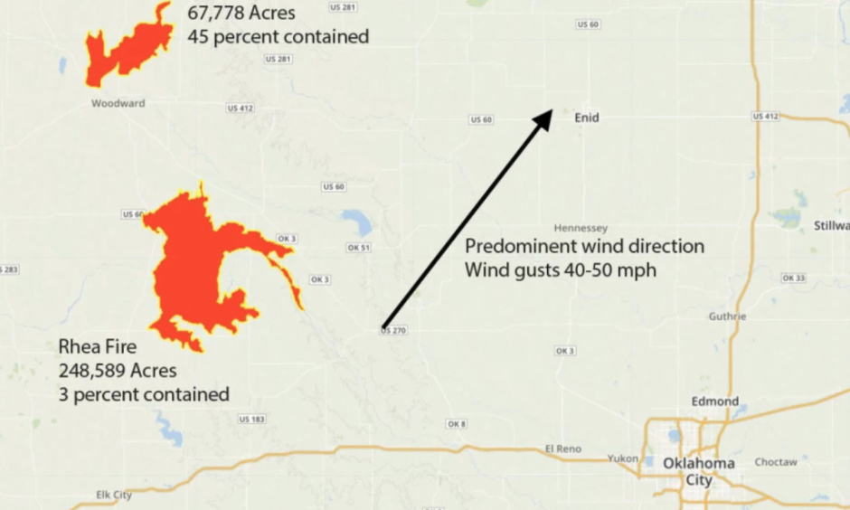 Wildfire situation in northwest Oklahoma on Tuesday. Image: Weather Underground, Angela Fritz