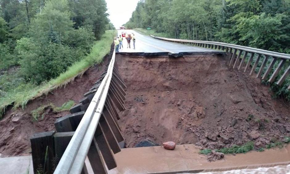 Part of Highway 63 north of Grand View, Wisconsin, was washed out by heavy rains Monday evening. Photo: ReadyWisconsin