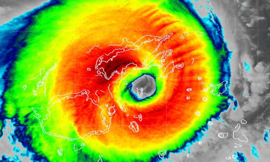 Figure 1. VIIRS infrared image of Tropical Cyclone Winston at 0057 UTC February 20, 2016. At the time, Winston was the strongest storm ever recorded in the Southern Hemisphere, with sustained winds of 185 mph. Koro Island is in the eye. Image: NOAA/NESDIS.