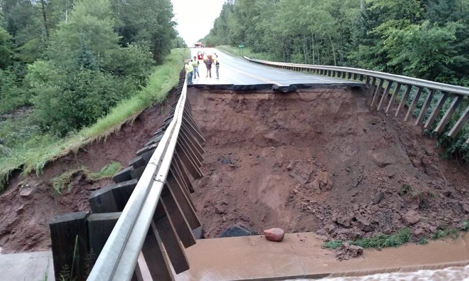 A section of Highway 63 north of Grand View in Bayfield County is washed out by flooding from intense rainfall overnight. Photo: Wisconsin Emergency Management
