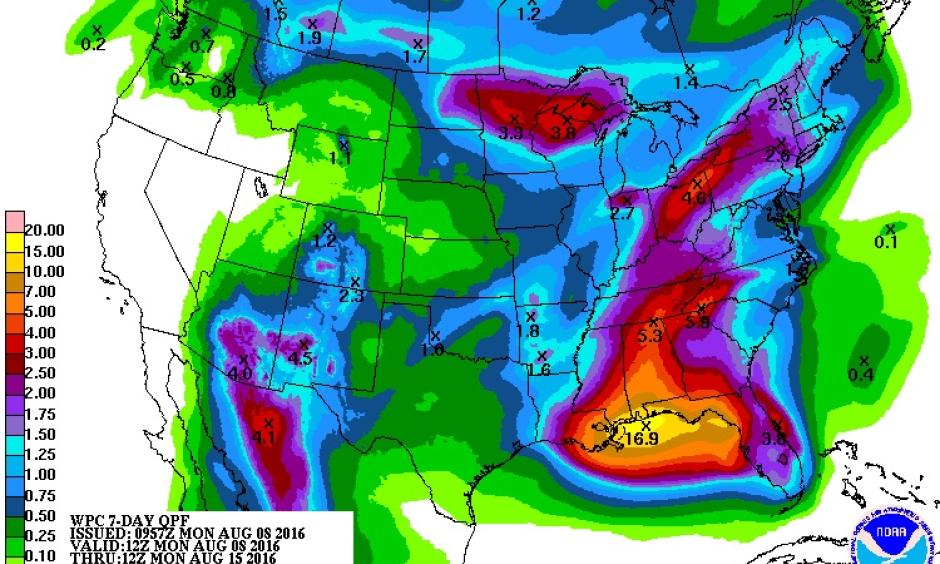 Total rainfall projected by NOAA’s Weather Prediction Center for the 7-day period from 8:00 am EDT Monday, August 8, 2016, to 8:00 am EDT Monday, August 15. Some localized amounts could exceed these projections by a considerable margin. Image: NOAA/NWS/WPC