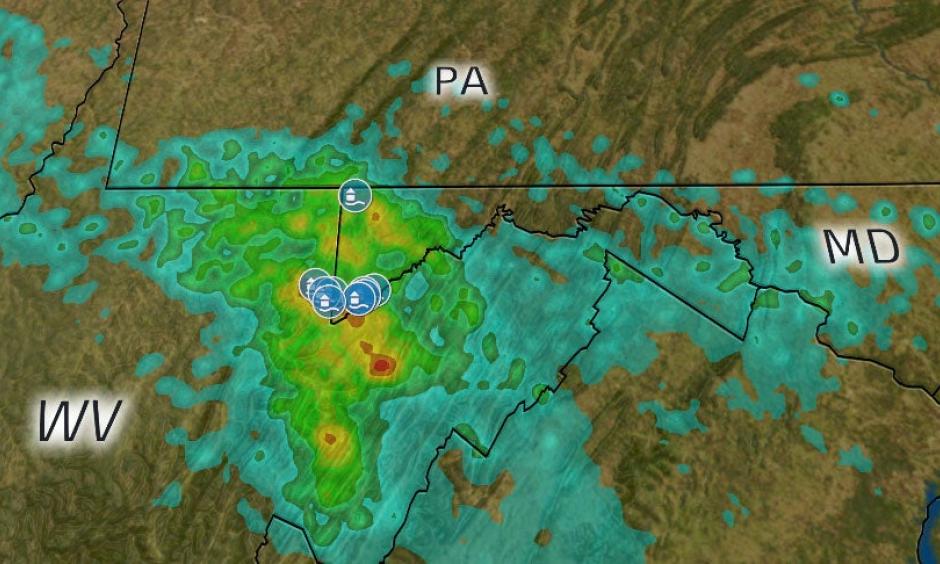 Radar-estimated rainfall (contours) and reports of flash flooding Saturday night into early Sunday morning in northern West Virginia and the Maryland Panhandle. Credit: The Weather Channle