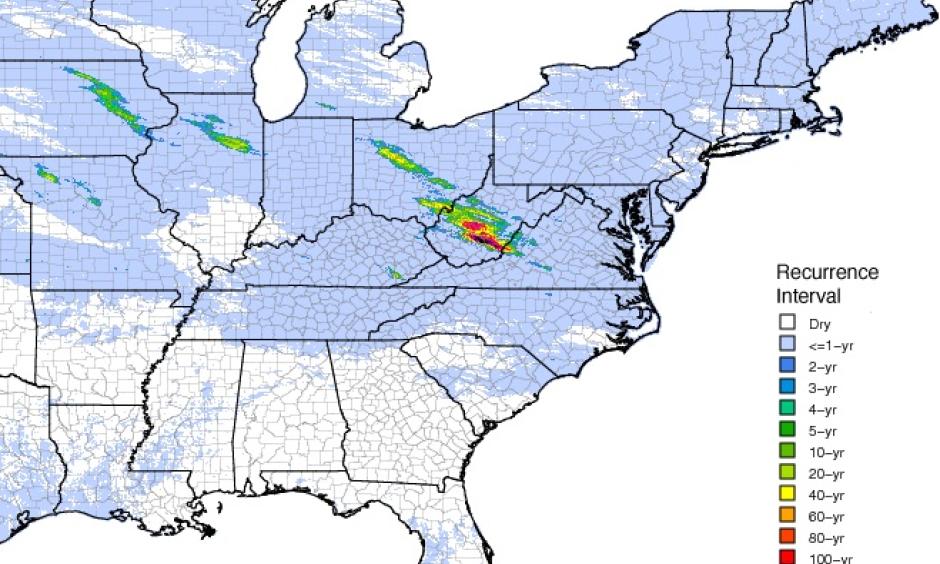 Rainfall recurrence interval for 24-hour rainfall, June 21 - 24, 2016. Image: MetState