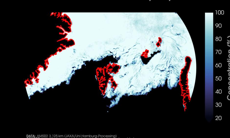 Sea ice extent near Svalbard has rapidly dwindled since May 1. Image: Zack Labe