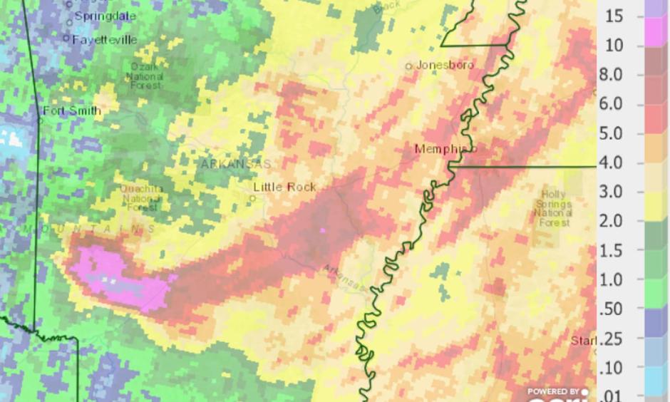 Rainfall estimates (from radar and gauges in Arkansas) over the past week. Credit: National Weather Service
