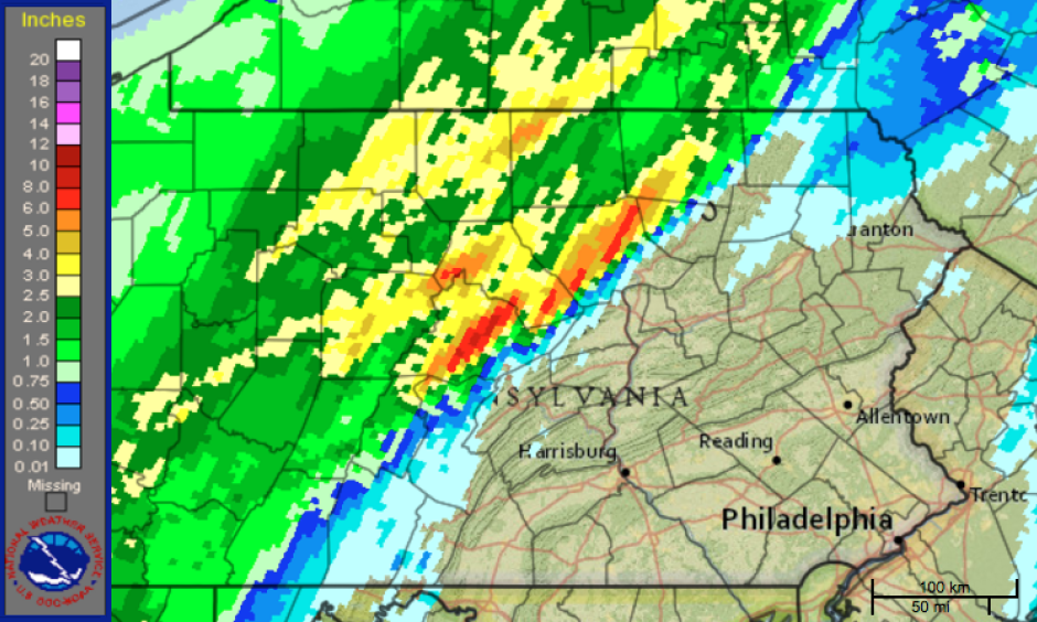 Map 24hour Rainfall Totals in Pennsylvania, October 21 1550UTC