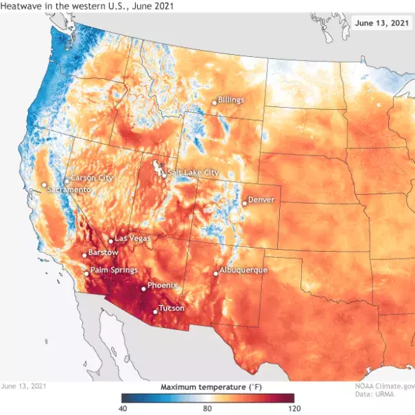 Daytime high temperatures across the western United States on June 13–19*, 2021, according to data from NOAA's Real-Time Mesoscale Analysis (RTMA).