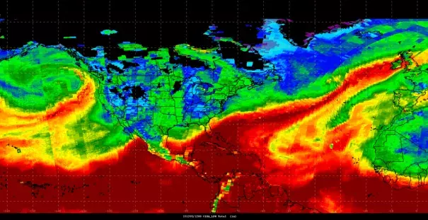 Satellite image of the plume of moist air, known as an atmospheric river, brought to Western Europe by Desmond. Image: NWS OPC