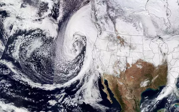 Weather satellite image acquired on January 4, 2023, at 1:20 p.m. Pacific Standard Time by the Visible Infrared Imaging Radiometer Suite (VIIRS) on the NOAA-20 satellite. It shows the storm as it was intensifying, which contributed to the high wind speeds.