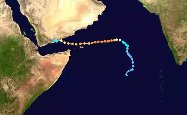 Track map of Extremely Severe Cyclonic Storm Chapala of the 2015 North Indian Ocean cyclone season. Image: Keith Edkins 