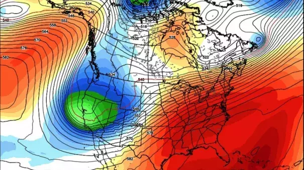 Projection of temperature anomalies for December 25, 2015, showing a huge area of unusual warmth in the eastern U.S. Image: Weatherbell Analytics