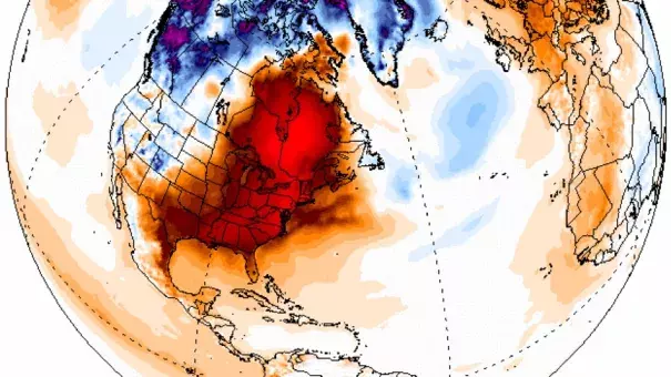 Temperature anomalies in degrees Celsius for Dec. 24, 2015, showing the large area of unusually mild weather across the U.S. and Canada. Image: Climate Reanalyzer