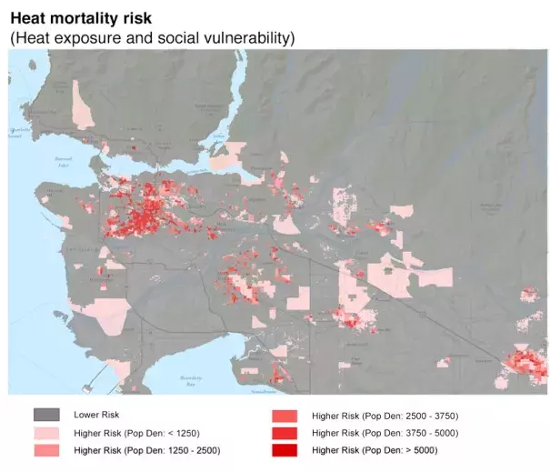 Lower Mainland neighbourhoods that become “urban heat islands” thanks to fewer trees and more pavement can also see more deadly heat waves when combined with unemployment or older populations, according to a new study. Image: Environmental Health Perspectives Journal