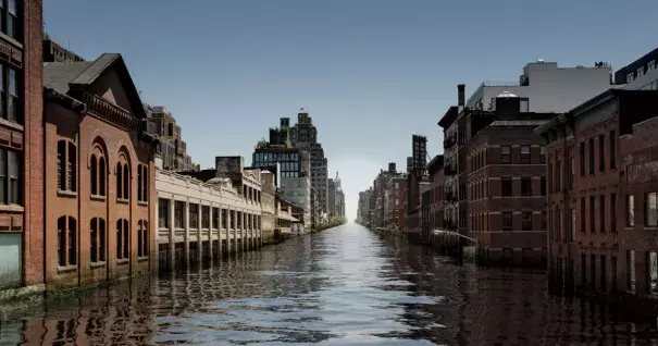 A speculative rendering showing what a hundred-year storm could briefly do to the Meatpacking District decades from now, when sea levels have risen several feet. Photo-illustration: MDI Digital
