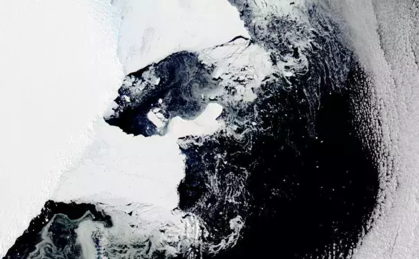 This satellite image provided by NASA, Aqua MODIS 12 on March 2022 shows the main piece of C-37 close to Bowman Island. Scientists are concerned because an ice shelf the size of New York City collapsed in East Antarctica, an area that had long been thought to be stable. The collapse last week was the first time scientists have ever seen an ice shelf collapse in this cold area of Antarctica. (Credit: NASA via AP)