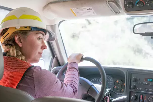 US Forest Service crew member and botanist Paris Krause drives through moderate and high-intensity burn areas one year after the Lake Fire in the San Bernardino National Forest on Wednesday, July 20, 2016. Photo: Susanica Tam, KPCC