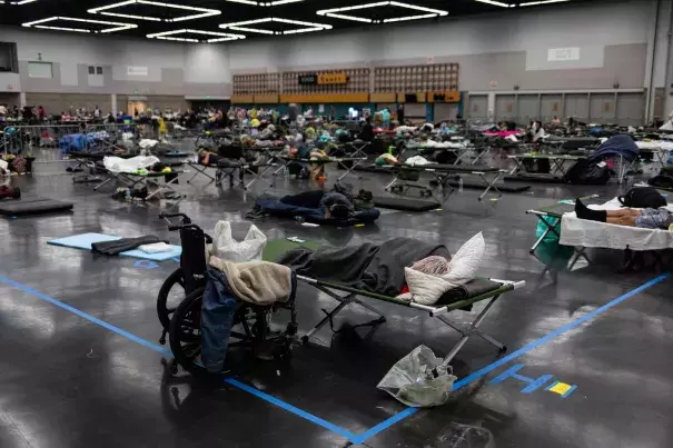 Residents at a cooling center during a heatwave in Portland, Oregon, on June 28, 2021. Photographer: Maranie Staab/Bloomberg