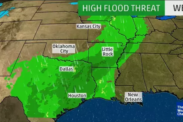 Parts of Texas, Louisiana and Arkansas were under a high-flood threat early Wednesday. Image: The Weather Channel
