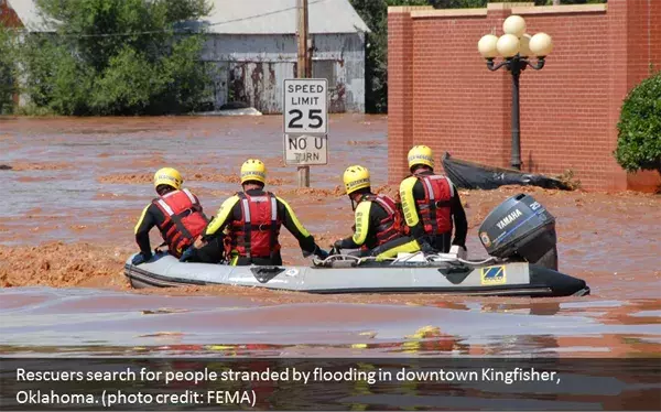 Rescuers search for people stranded by flooding in downtown Kingfisher, Oklahoma.