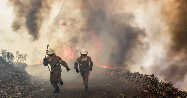 Flames and smoke cut off roads on Sunday in Capela Sao Neitel, in central Portugal, where members of the National Guard tried to contain several forest fires. Photo: Paulo Cunha, European Pressphoto Agency