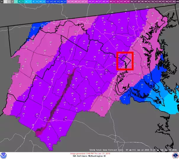 Snow forecast for Washington, D.C. and the surrounding area. Washington is inside the red box. Image: NWS Baltimore/Washington
