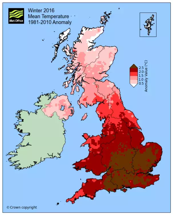 Provisional mean temperature anomaly (difference from average) map for Winter 2015/16 (December, January and February). Image: UKMet