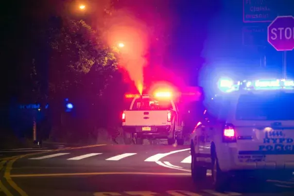 A truck spraying an adulticide, which awakens mosquitoes and then kills them, in a northern Manhattan neighborhood last week. Photo: Alex Wroblewski/The New York Times