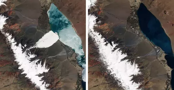 Another view from July 2016, left, showing the aftermath of one of the avalanches. The image at right is from June 2016, before both glaciers collapsed. Image: NASA Earth Observatory