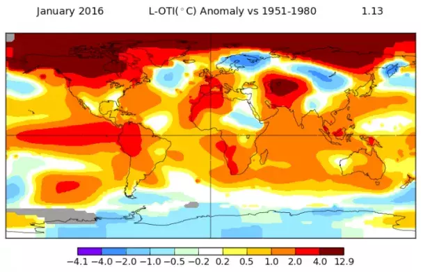 January 2016 temperatures across the globe. Image: NASA GISS