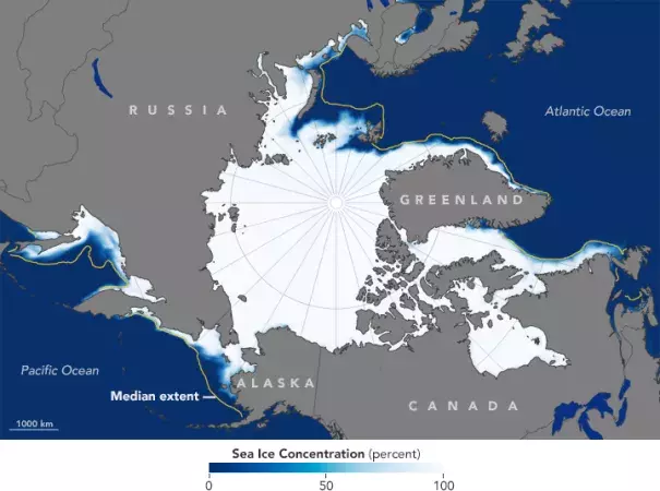 January Arctic sea ice extent. The orange line shows the 1981-2010 average. Photo: NASA Earth Observatory