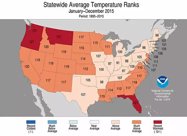 2015 temperature ranking by state. Image: NCEI