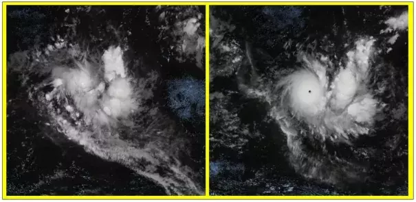Tropical Cyclone Ambali on Thursday morning as a tropical storm (left) and 24 hours later on Friday morning as a Category 5-equivalent cyclone (right). Credit: CIRA/RAMMB/EUMetSat
