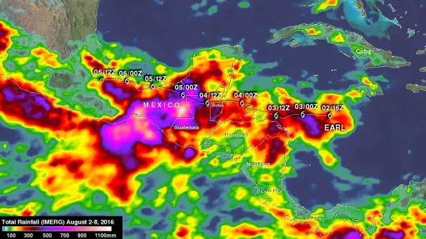 Earl's locations and intensities, as defined by the National Hurricane Center (NHC), are shown overlaid in white. Image: NASA/JAXA/Hal Pierce