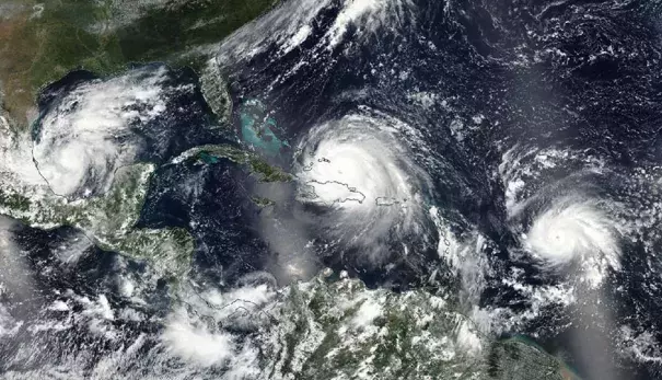 VIIRS image of three hurricanes in the Atlantic on Thursday, September 7, 2017: Cat 1 Katia (left), Cat 5 Irma (center), and Cat 3 Jose (right.) Image: NASA