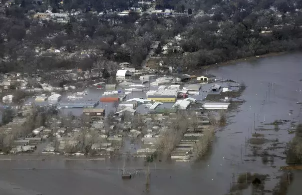 This March 17, 2019 photo released by the U.S. Air Force shows an aerial view of areas surrounding Offutt Air Force Base affect by flood waters in Nebraska. Photo: Tech Sgt Rachelle Blake, the U.S. Air Force via AP