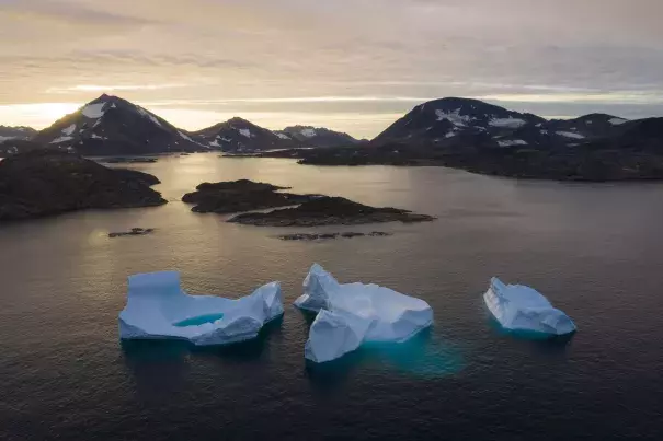 In this August 16, 2019 photo, large icebergs float away as the sun rises near Kulusuk, Greenland. Scientists are hard at work trying to understand the rapid melting of the ice. Credit: Felipe Dana, AP 
