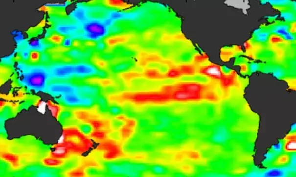 These maps show sea level anomalies from February 12-22, 2016. The Jason-3 satellite has produced its first map of sea surface height, which corresponds well to data from its predecessor, Jason-2. Higher-than-normal sea levels are red; lower-than-normal sea levels are blue. El Nino is visible as the red blob in the eastern equatorial Pacific. Image: NASA