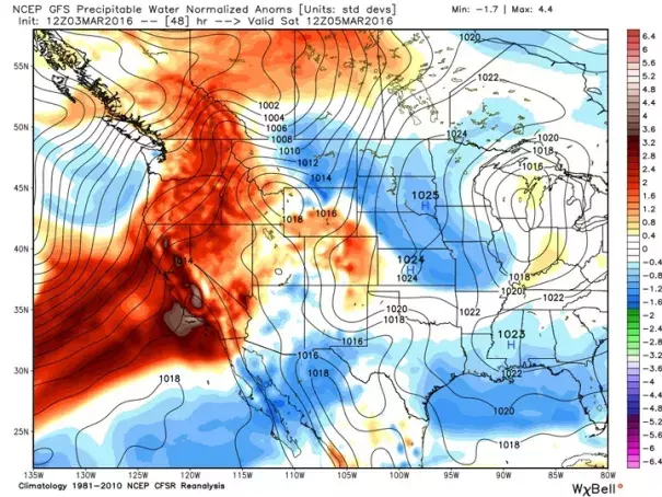 Modeled precipitable water anomalies show the flow of an atmospheric river that will bring rain and snow to California this weekend and early next week. Image: Weatherbell