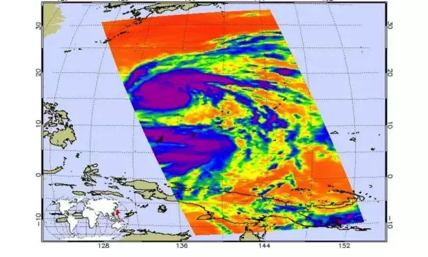 On July 5 at 0359 UTC (11:59 p.m. EDT) infrared data from NASA's Aqua satellite detected strong thunderstorms completely surrounding the center (purple) of Nepartak. Image: Ed Olsen / NASA JPL