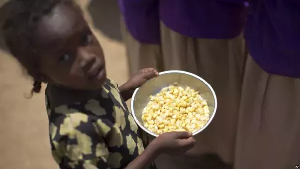 A child holds a bowl of food given out during a food distribution in the drought-affected village of Bandarero, near Moyale town on the Ethiopian border, in northern Kenya, March 3, 2017. Photo: Voice of America via AP