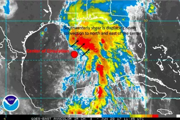 Southwesterly wind shear was displacing the heaviest convection to the north and east of the center of circulation for Potential Tropical Cyclone 3 this morning. Background image: NOAA, Markups: Hal Needham. Image: NOAA