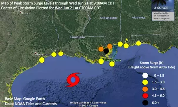 Peak storm surge levels observed through Wed Jun 21 at 900AM CDT. Image: NOAA Tides and Currents