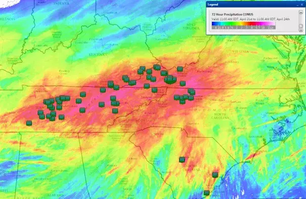 72 hour rain totals from April 22 at 8PM EDT to April 25 8PM EDT. Image: AccuWeather