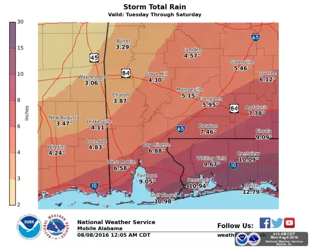 National Weather Service Mobile Alabama, August 6, 2016 Tuesday through Saturday storm rain total. Image: NWS