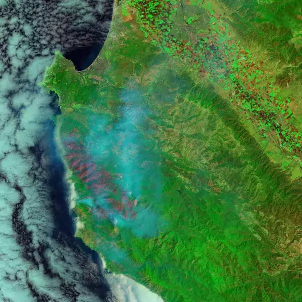 Smoke from the Soberanes Fires wafts eastward from the wildfire’s 43,400 burn scar in a photo from NASA’s Landsat 8 satellite. The fire was only 18 percent contained as of Tuesday. Photo: NASA