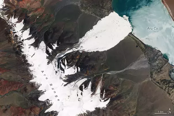 Photo shows the damage an ice avalanche in Tibet's Rutog county. Image: NASA Earth Observatory