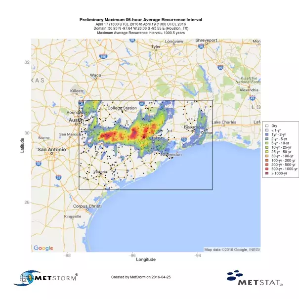 Preliminary 48-hour storm total precipitation in Houston from April 17 through April 19, 2016. Image: Metstat, Metstorm
