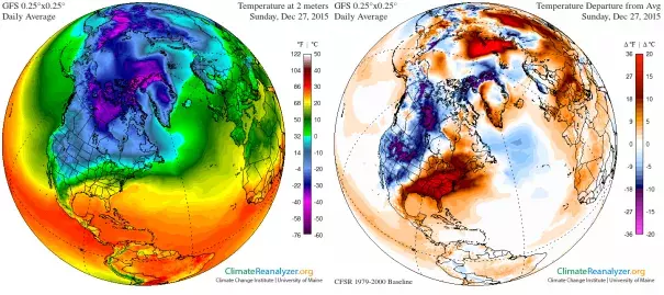 Air temperature and air temperature anomaly maps for the North Atlantic and Arctic, from Dec 27, 2015 to Jan 5, 2016. Image: Climate Reanalyzer