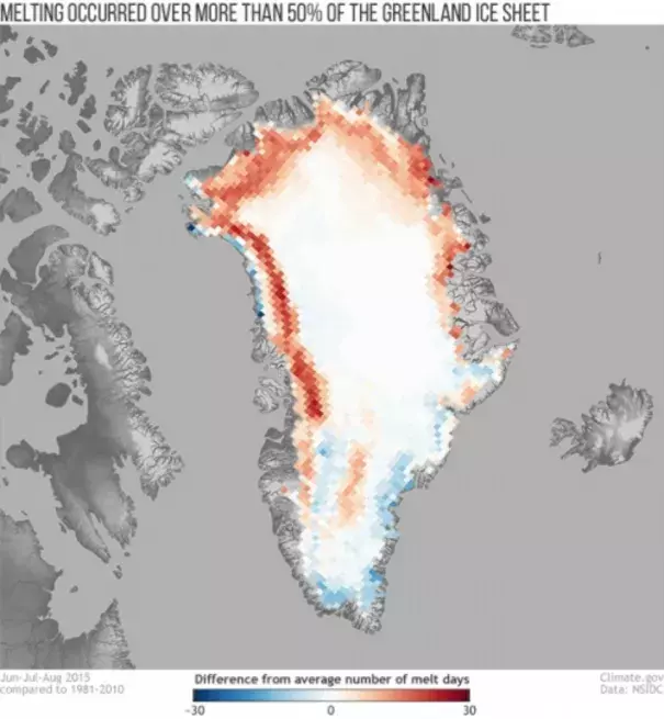 Melt days in June-August 2015 compared to the 1981–2010 average. Image: NOAA