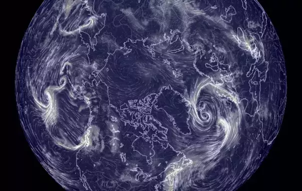 Computer model visualization of total precipitable water across the Arctic region. Image: Earth Simulator